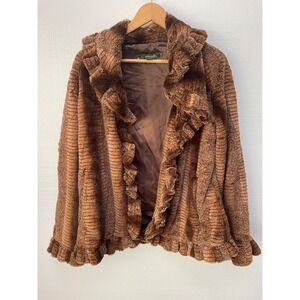 Brown Faux Fur Ruffled Jacket By Damselle New York SZ Medium Glam Holiday Winter